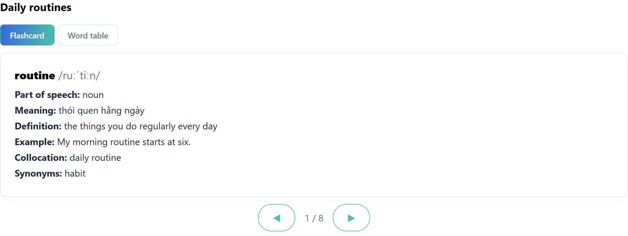 Flashcard từ vựng chủ đề Daily routines: từ routine, phiên âm IPA, loại từ, nghĩa tiếng Việt, định nghĩa, ví dụ, collocation và từ đồng nghĩa (dữ liệu demo).